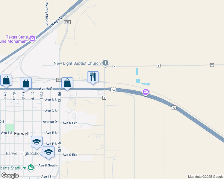 map of restaurants, bars, coffee shops, grocery stores, and more near 82 U.S. 70 in Farwell