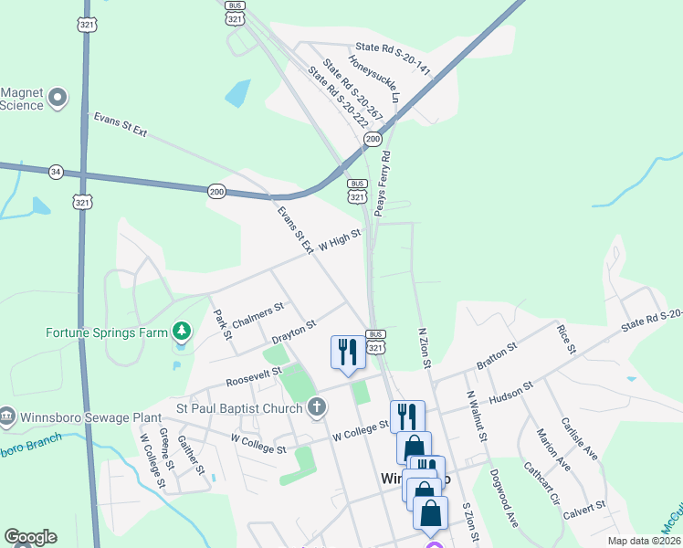 map of restaurants, bars, coffee shops, grocery stores, and more near 210 Evans Street in Winnsboro