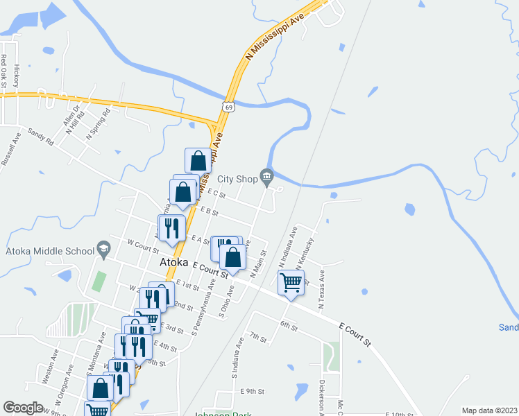 map of restaurants, bars, coffee shops, grocery stores, and more near East C Street & North Ohio Avenue in Atoka
