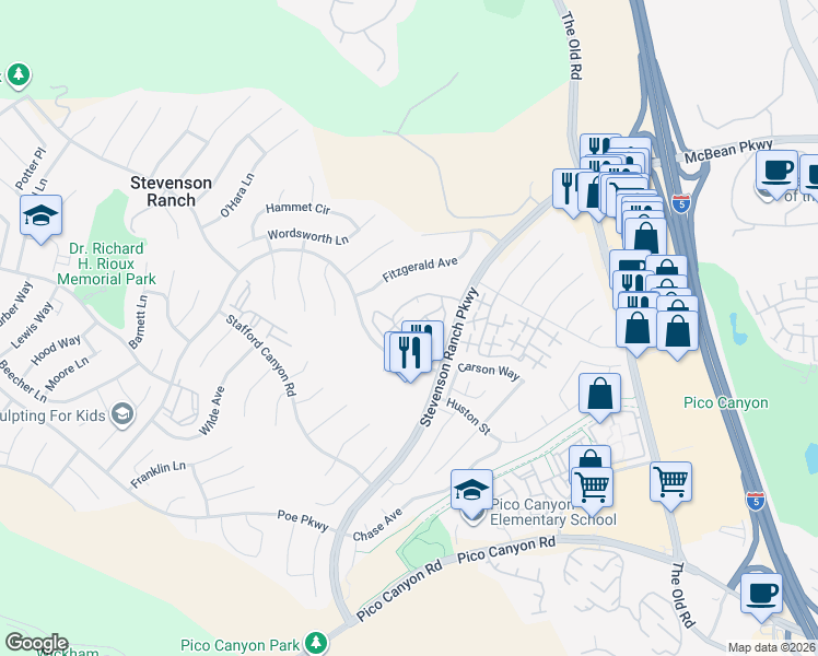 map of restaurants, bars, coffee shops, grocery stores, and more near 25715 Wagner Way in Stevenson Ranch