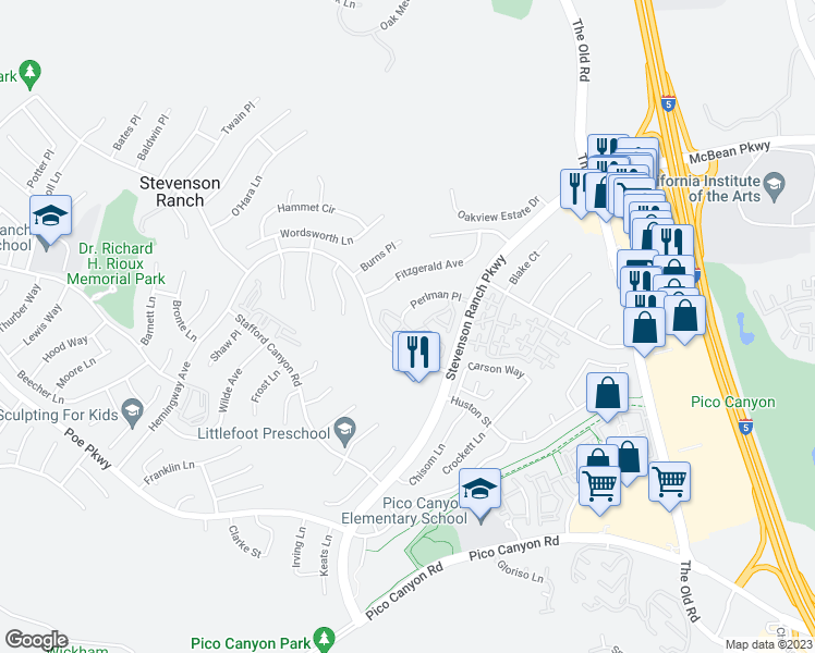 map of restaurants, bars, coffee shops, grocery stores, and more near 25531 Schubert Circle in Stevenson Ranch