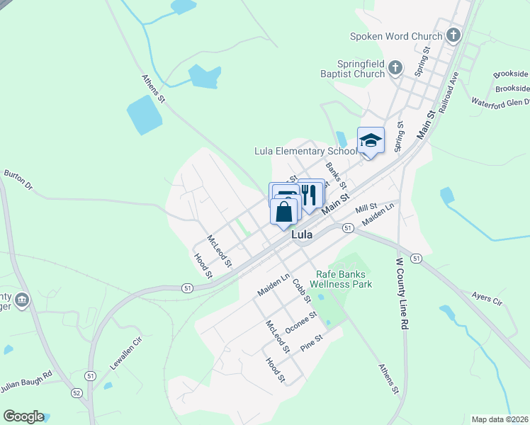 map of restaurants, bars, coffee shops, grocery stores, and more near 6061 Athens St in Lula