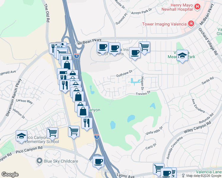 map of restaurants, bars, coffee shops, grocery stores, and more near 24769 Masters Cup Way in Santa Clarita