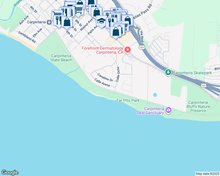 map of restaurants, bars, coffee shops, grocery stores, and more near 5573 Calle Arena in Carpinteria