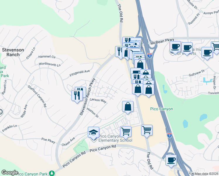 map of restaurants, bars, coffee shops, grocery stores, and more near 25120 Steinbeck Avenue in Stevenson Ranch