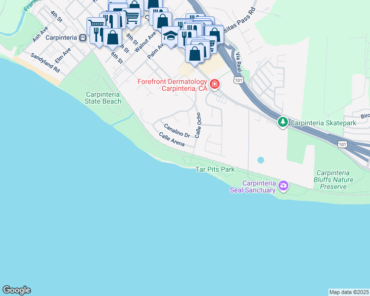 map of restaurants, bars, coffee shops, grocery stores, and more near 5573 Calle Arena in Carpinteria