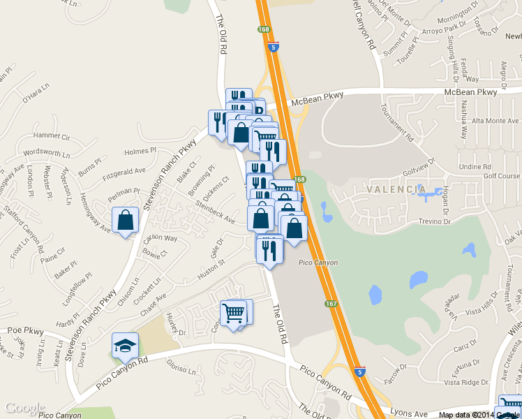 map of restaurants, bars, coffee shops, grocery stores, and more near 25710 The Old Road in Los Angeles County