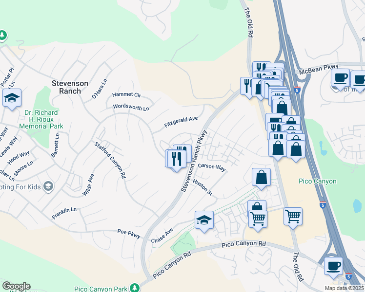 map of restaurants, bars, coffee shops, grocery stores, and more near 25710 Wagner Way in Stevenson Ranch