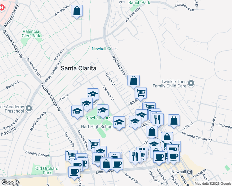 map of restaurants, bars, coffee shops, grocery stores, and more near 24979 Walnut Street in Santa Clarita
