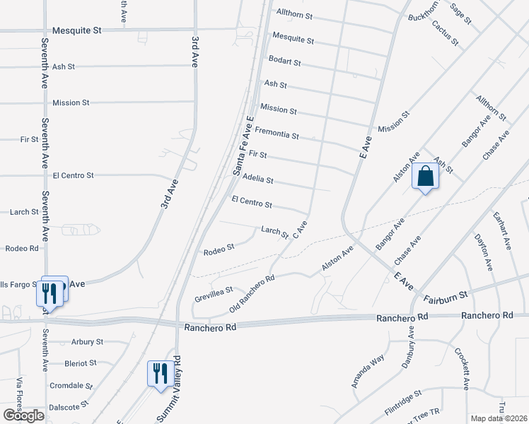 map of restaurants, bars, coffee shops, grocery stores, and more near 16347 El Centro Street in Hesperia