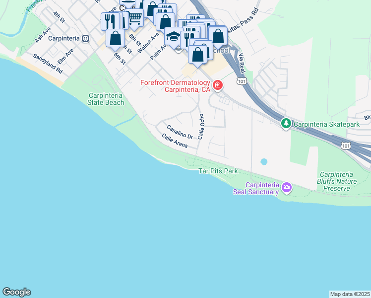 map of restaurants, bars, coffee shops, grocery stores, and more near 5588 Calle Arena in Carpinteria