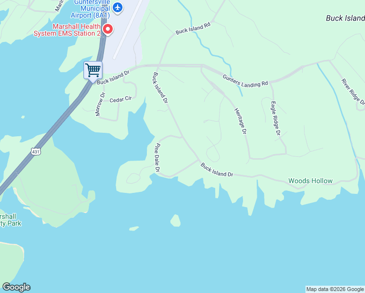 map of restaurants, bars, coffee shops, grocery stores, and more near 15 Pine Dale Drive in Guntersville