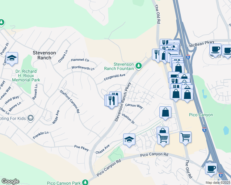 map of restaurants, bars, coffee shops, grocery stores, and more near 25710 Wagner Way in Stevenson Ranch