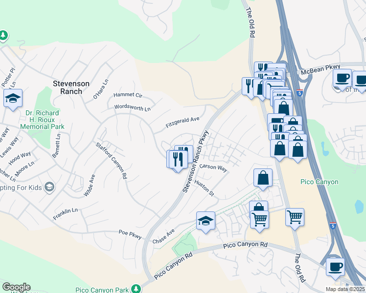 map of restaurants, bars, coffee shops, grocery stores, and more near 25710 Wagner Way in Stevenson Ranch