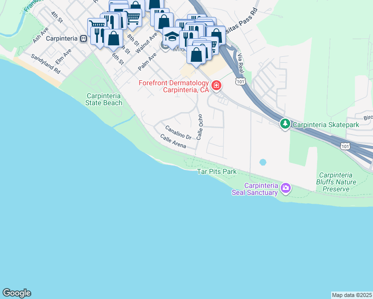 map of restaurants, bars, coffee shops, grocery stores, and more near 5588 Calle Arena in Carpinteria