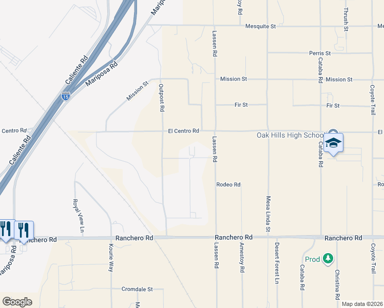 map of restaurants, bars, coffee shops, grocery stores, and more near 12210 Larch Street in Hesperia