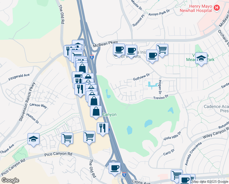 map of restaurants, bars, coffee shops, grocery stores, and more near 24800 Sand Wedge Lane in Santa Clarita