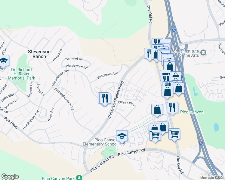 map of restaurants, bars, coffee shops, grocery stores, and more near 25705 Armstrong Circle in Stevenson Ranch
