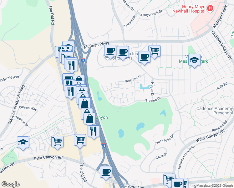 map of restaurants, bars, coffee shops, grocery stores, and more near 24769 West Masters Cup Way in Santa Clarita