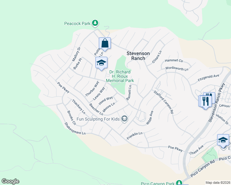 map of restaurants, bars, coffee shops, grocery stores, and more near 25755 Hood Way in Stevenson Ranch