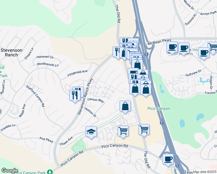 map of restaurants, bars, coffee shops, grocery stores, and more near 25120 Steinbeck Avenue in Stevenson Ranch
