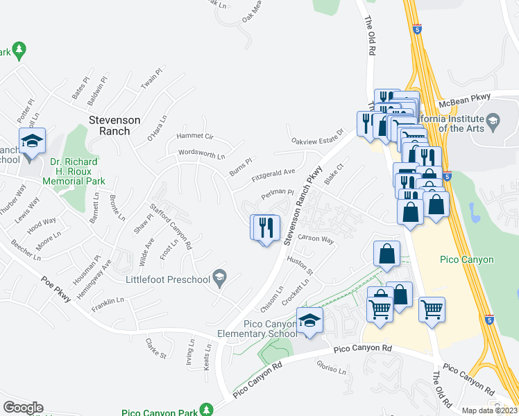 map of restaurants, bars, coffee shops, grocery stores, and more near 25531 Schubert Circle in Stevenson Ranch
