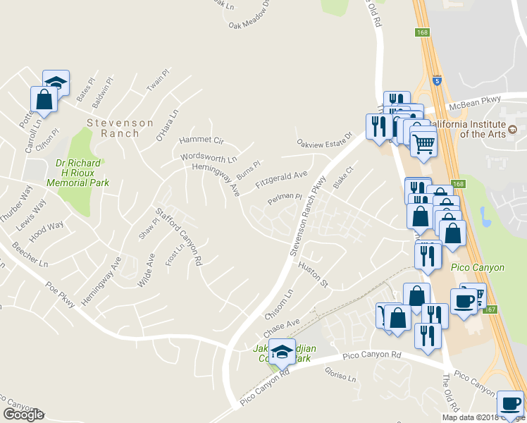 map of restaurants, bars, coffee shops, grocery stores, and more near Schubert Circle in Stevenson Ranch
