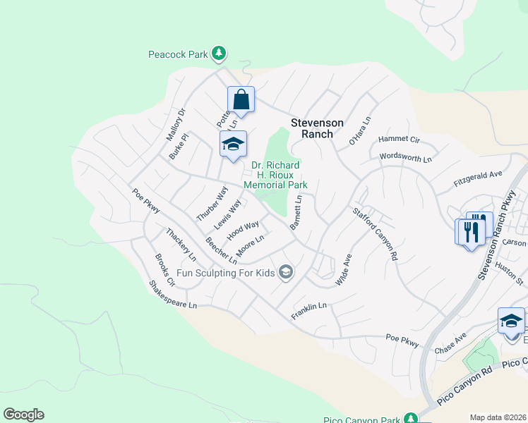 map of restaurants, bars, coffee shops, grocery stores, and more near 25755 Hood Way in Stevenson Ranch