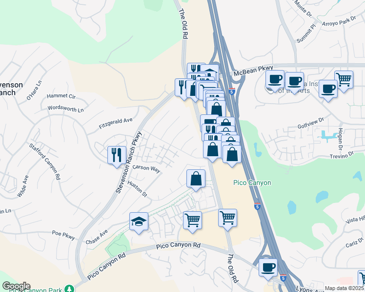 map of restaurants, bars, coffee shops, grocery stores, and more near 25705 Emerson Lane in Stevenson Ranch