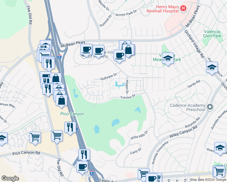 map of restaurants, bars, coffee shops, grocery stores, and more near 25730 Player Drive in Santa Clarita