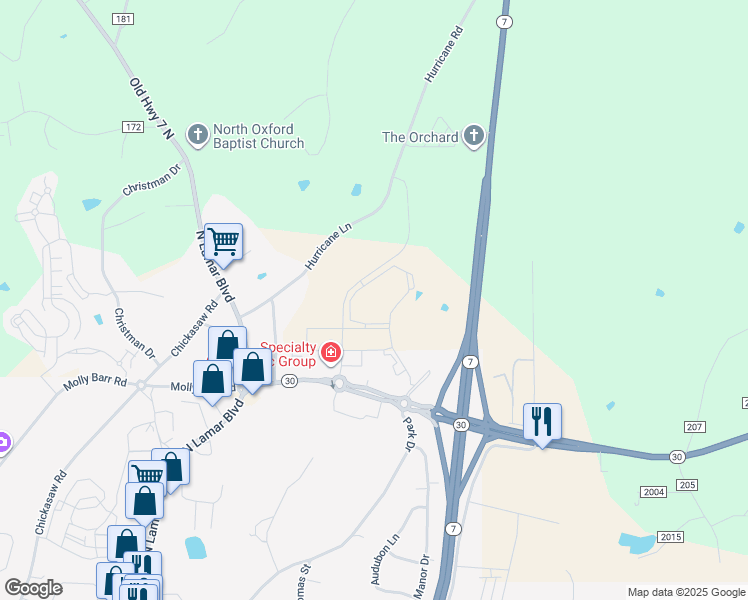 map of restaurants, bars, coffee shops, grocery stores, and more near 1621 Mississippi 30 in Oxford