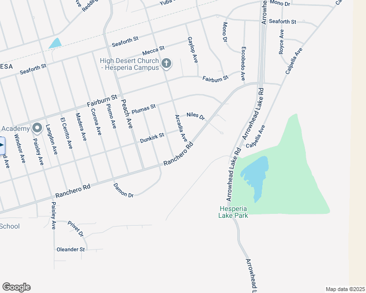 map of restaurants, bars, coffee shops, grocery stores, and more near 18626 Ranchero Road in Hesperia