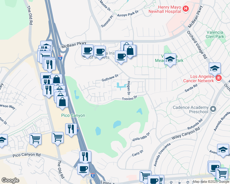 map of restaurants, bars, coffee shops, grocery stores, and more near 25730 Player Drive in Santa Clarita