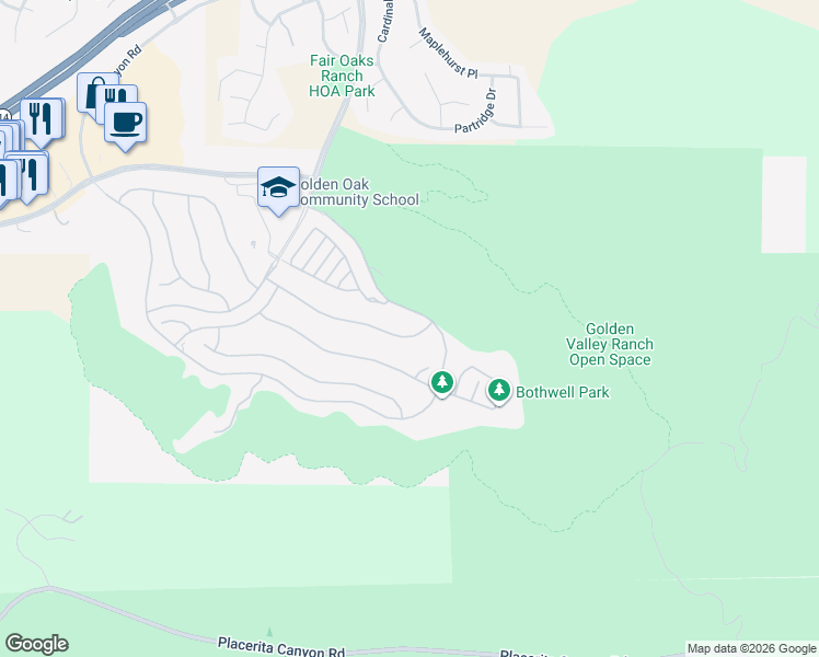 map of restaurants, bars, coffee shops, grocery stores, and more near 18619 Cedar Crest Drive in Santa Clarita