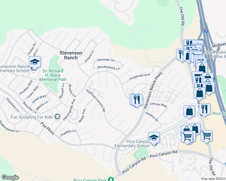 map of restaurants, bars, coffee shops, grocery stores, and more near 25803 Anderson Lane in Stevenson Ranch