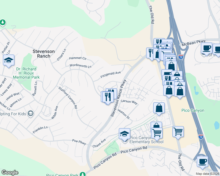 map of restaurants, bars, coffee shops, grocery stores, and more near 25715 Wagner Way in Stevenson Ranch