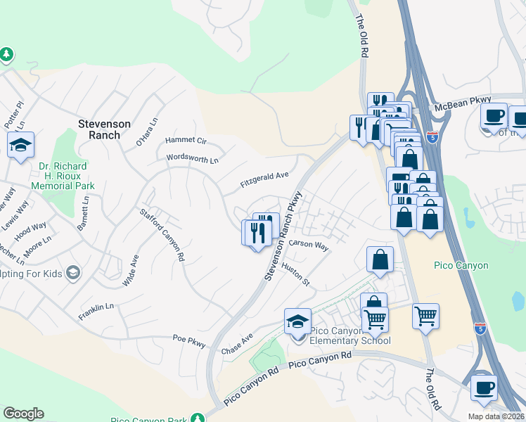 map of restaurants, bars, coffee shops, grocery stores, and more near 25715 Wagner Way in Stevenson Ranch