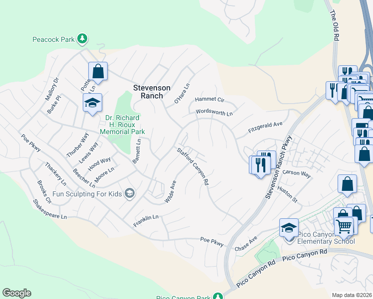 map of restaurants, bars, coffee shops, grocery stores, and more near 25933 Stafford Canyon Road in Stevenson Ranch