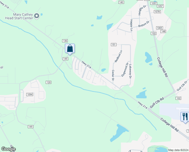 map of restaurants, bars, coffee shops, grocery stores, and more near 108 Creekwood Drive in Oxford