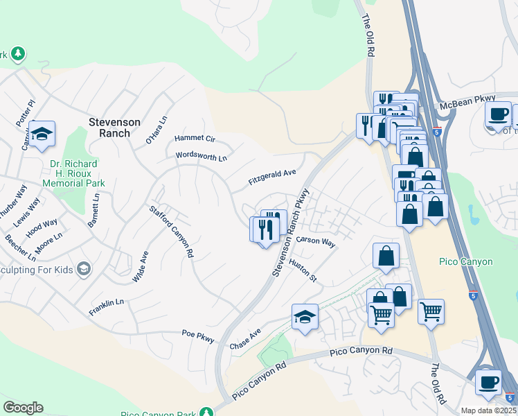 map of restaurants, bars, coffee shops, grocery stores, and more near 25730 Perlman Place in Stevenson Ranch