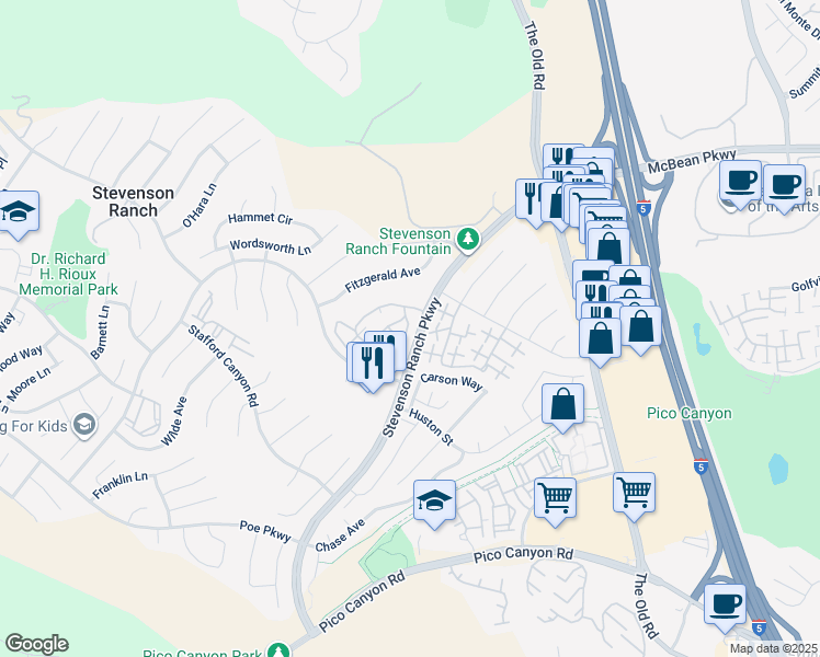 map of restaurants, bars, coffee shops, grocery stores, and more near 25730 Armstrong Circle in Stevenson Ranch