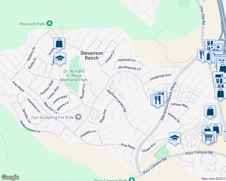 map of restaurants, bars, coffee shops, grocery stores, and more near 25949 Stafford Canyon Road in Stevenson Ranch