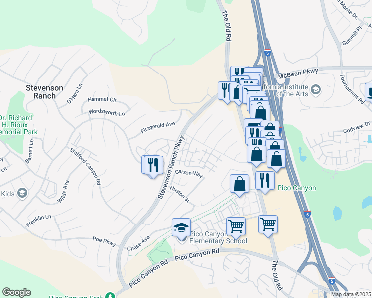 map of restaurants, bars, coffee shops, grocery stores, and more near 25242 Steinbeck Avenue in Stevenson Ranch