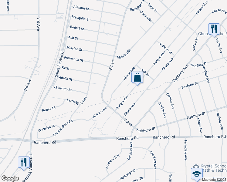 map of restaurants, bars, coffee shops, grocery stores, and more near 7599 Alston Avenue in Hesperia