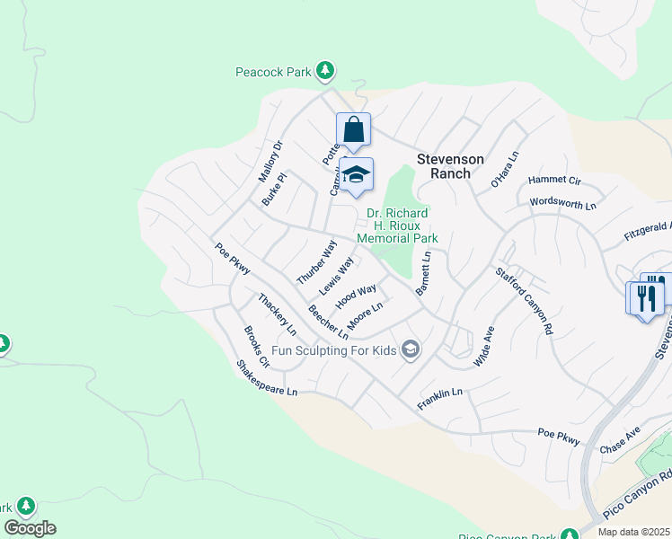 map of restaurants, bars, coffee shops, grocery stores, and more near 25707 Lewis Way in Stevenson Ranch