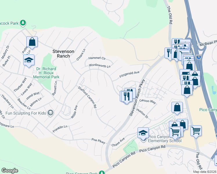 map of restaurants, bars, coffee shops, grocery stores, and more near 25804 Anderson Lane in Stevenson Ranch
