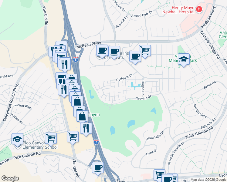 map of restaurants, bars, coffee shops, grocery stores, and more near 24657 Masters Cup Way in Santa Clarita