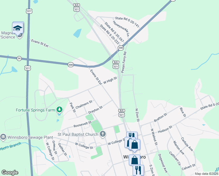 map of restaurants, bars, coffee shops, grocery stores, and more near 210 Evans Street in Winnsboro