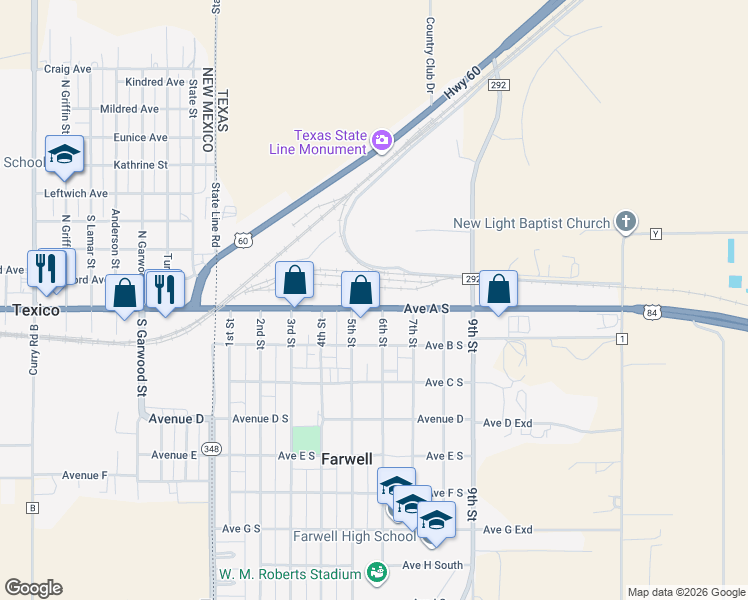map of restaurants, bars, coffee shops, grocery stores, and more near 510 Avenue A South in Farwell