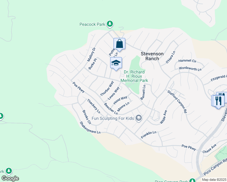 map of restaurants, bars, coffee shops, grocery stores, and more near 25707 Lewis Way in Stevenson Ranch
